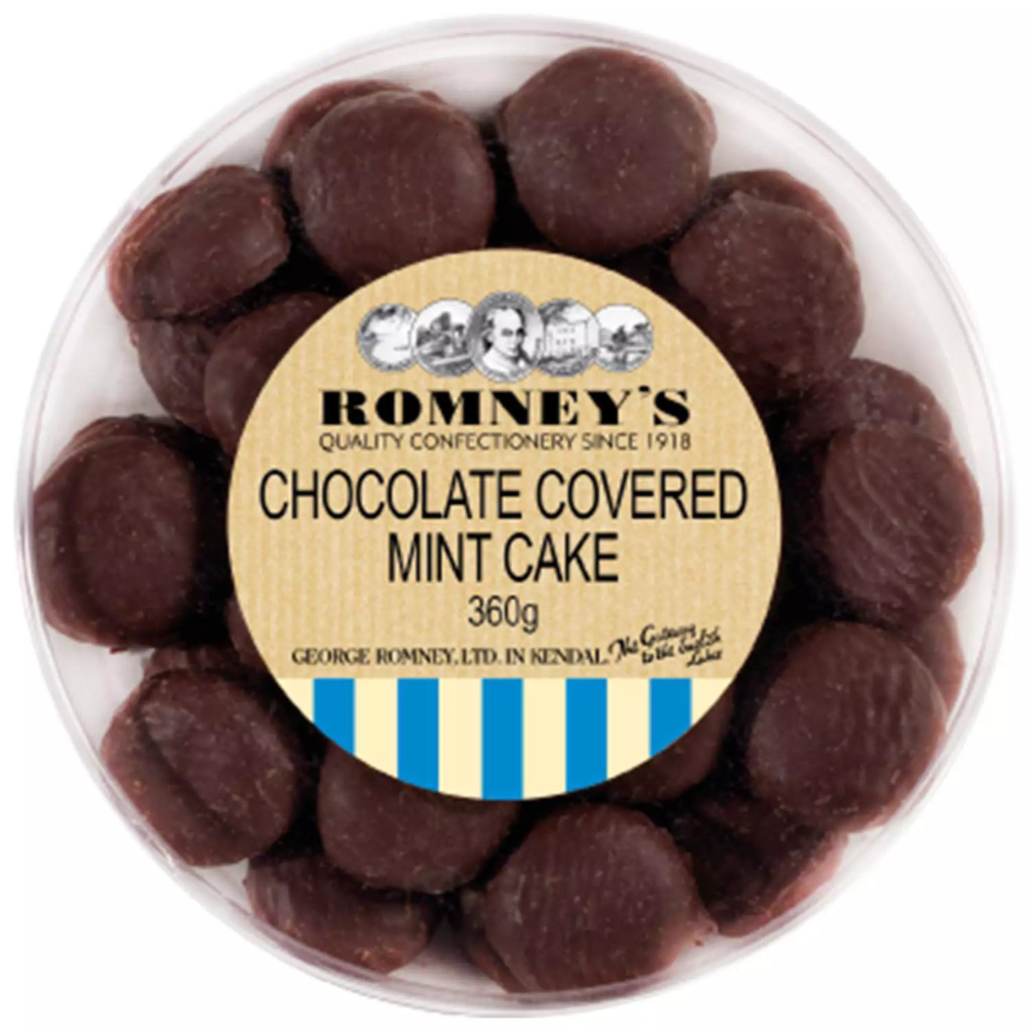 A circular plastic container which is filled with round chocolate coated Kendal Mint Cake deposits. The lid of the tub has a sticker on it that is cream coloured and has the Romney's logo and words 'Chocolate Covered Kendal Mint Cake' on it.