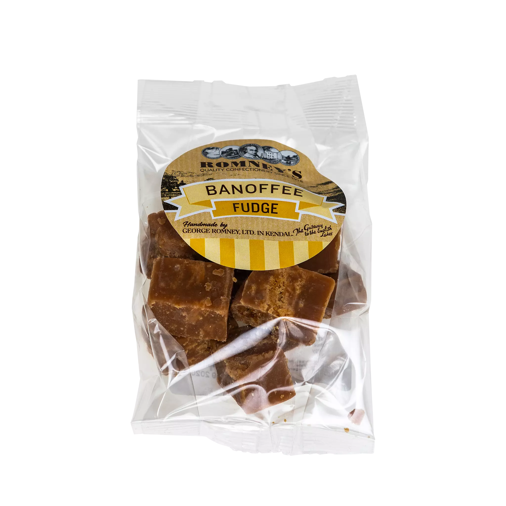 A transparent bag containing pieces of Fudge. The bag has a label on it that shows Romney's logo and says 'Banoffee Fudge'.