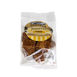 A transparent bag containing pieces of Fudge. The bag has a label on it that shows Romney's logo and says 'Banoffee Fudge'.