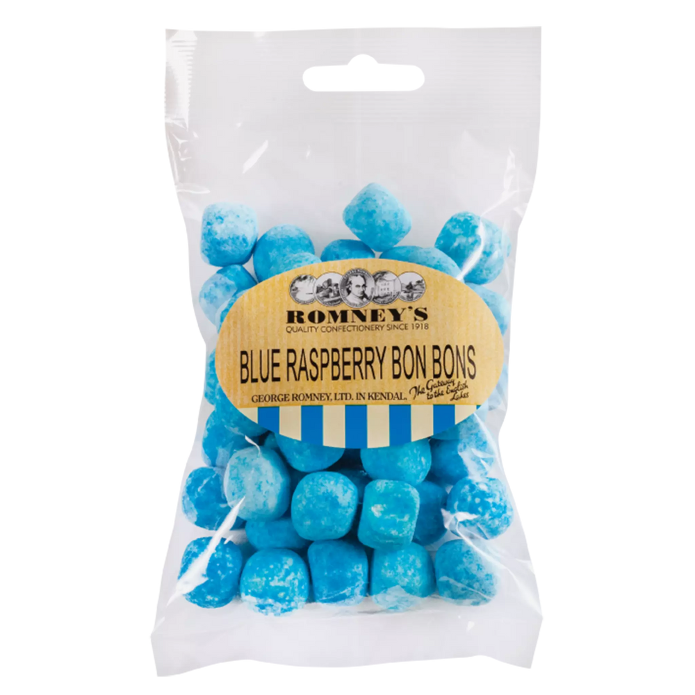 A small transparent bag containing Blue Raspberry Bon Bons. It has a label on the side that features the Romney's logo and says 'Blue Raspberry Bon Bons'.