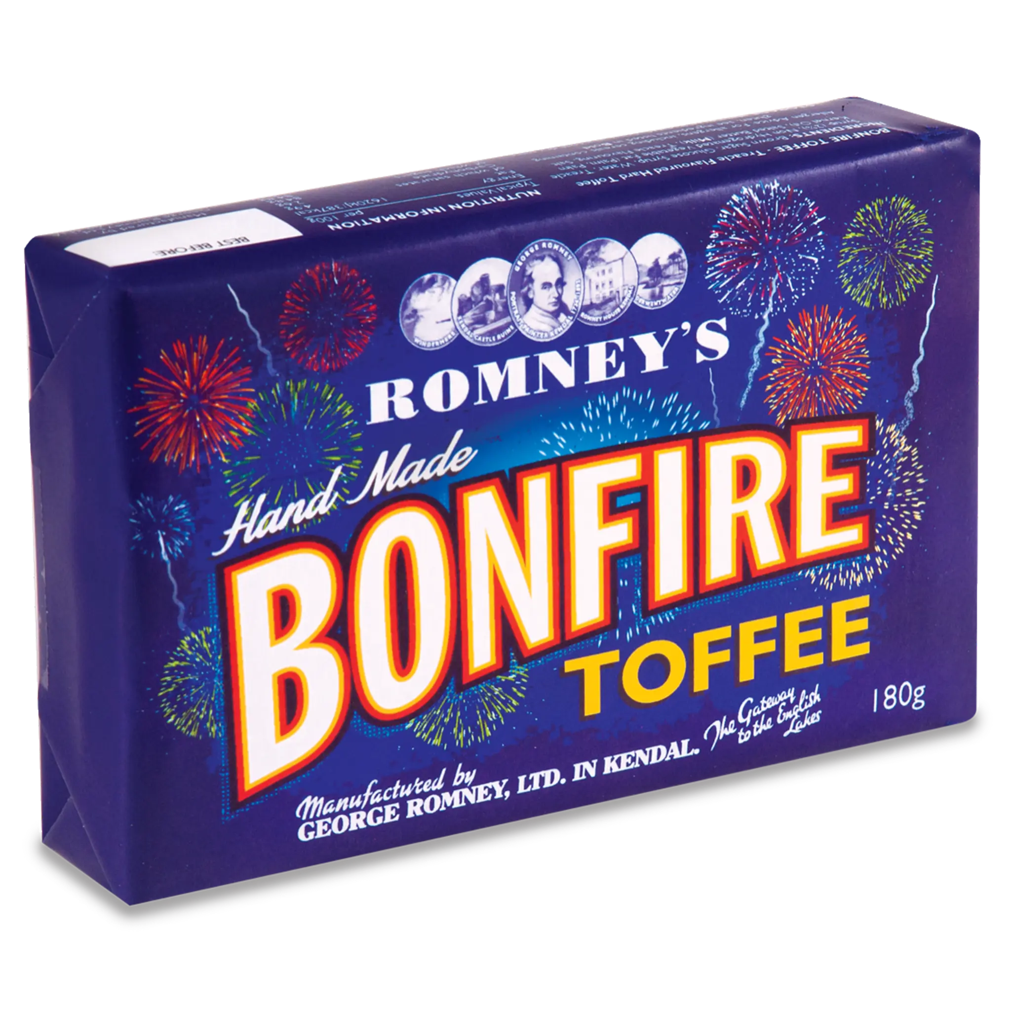 A product image of a rectangular box that is a dark blue colour. Images of colourful fireworks cover the front of the box, alongside the Romney's logo in white and the words 'Hand made Bonfire Toffee'.