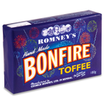 A product image of a rectangular box that is a dark blue colour. Images of colourful fireworks cover the front of the box, alongside the Romney's logo in white and the words 'Hand made Bonfire Toffee'.