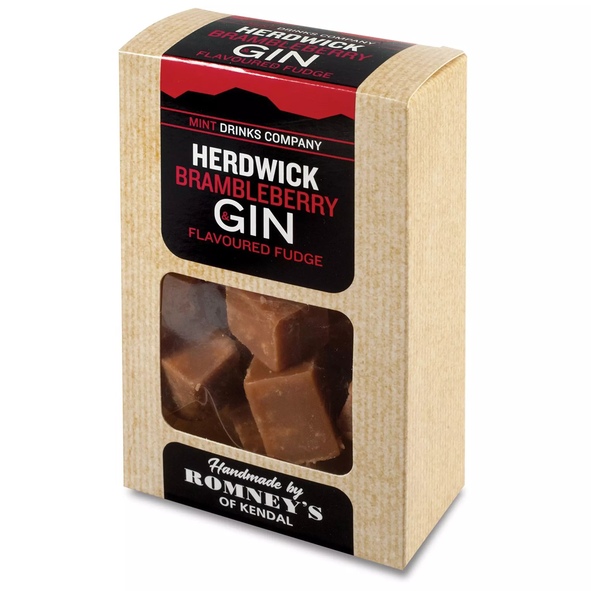 a rectangular cardboard box containing a transparent bag of fudge. The box has a black and red label that states 'Herdwick Brambleberry Gin Flavoured Fudge.