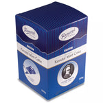 A cardboard box containing Kendal Mint Cake. The box is different shades of blue and features the Romney's logo, a white banner which runs across the middle of the box with the words 'Kendal Mint Cake' in blue and a photo of George Romney at the bottom.