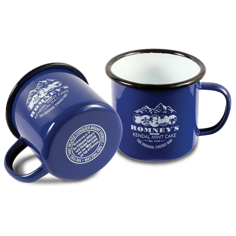Two dark blue ceramic mugs. One mug is lying on its side. both mugs are the same design and feature Romney's logo and name on the side in white writing. The rim of the mug is black whilst the inside is white..