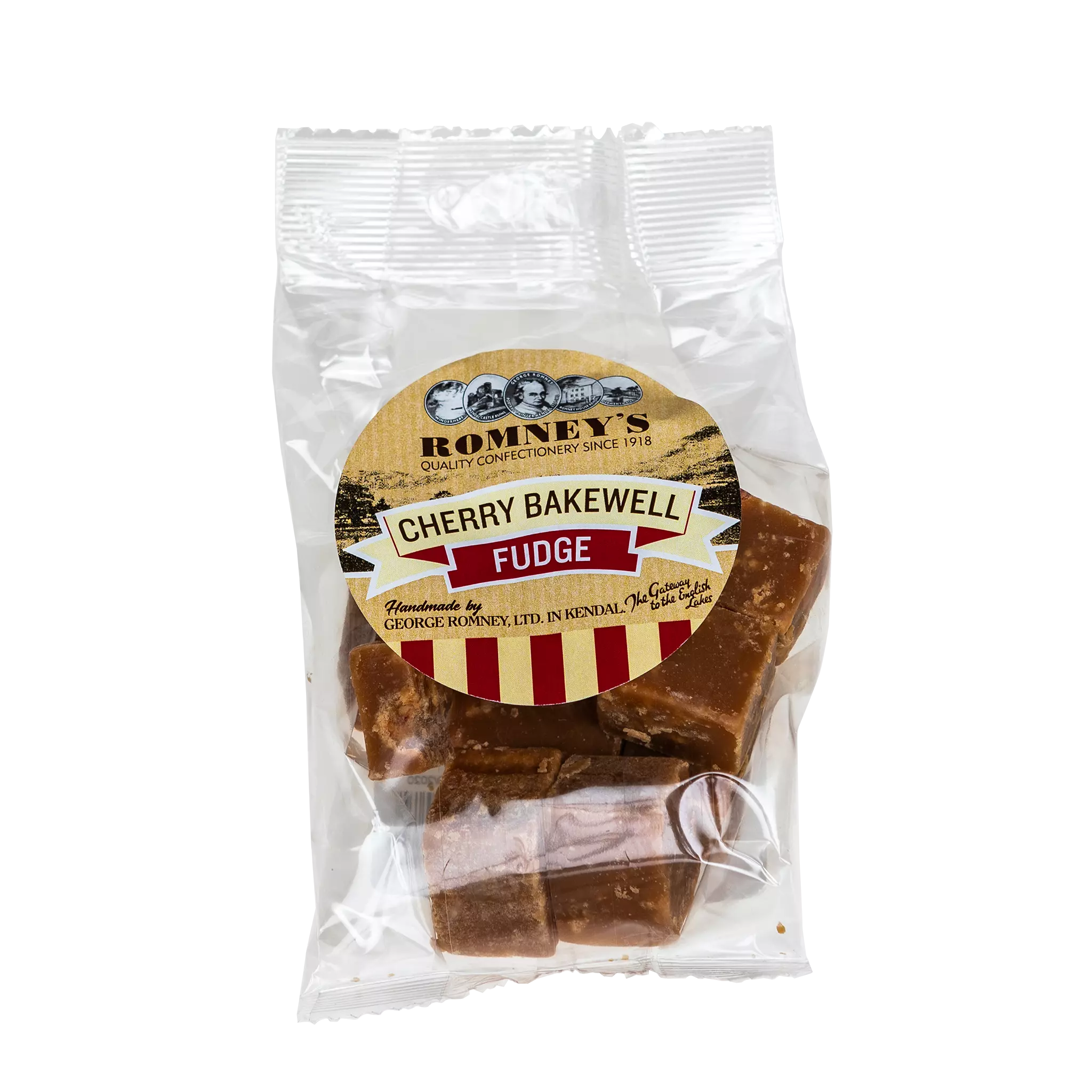 A transparent bag containing pieces of Fudge. The bag has a label on it that shows Romney's logo and says 'Cherry Bakewell Fudge'.