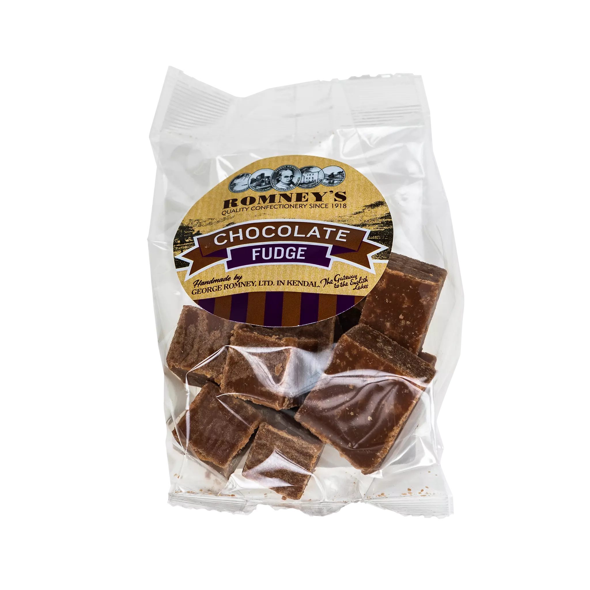 A transparent bag containing pieces of Fudge. The bag has a label on it that shows Romney's logo and says 'Chocolate Fudge'.