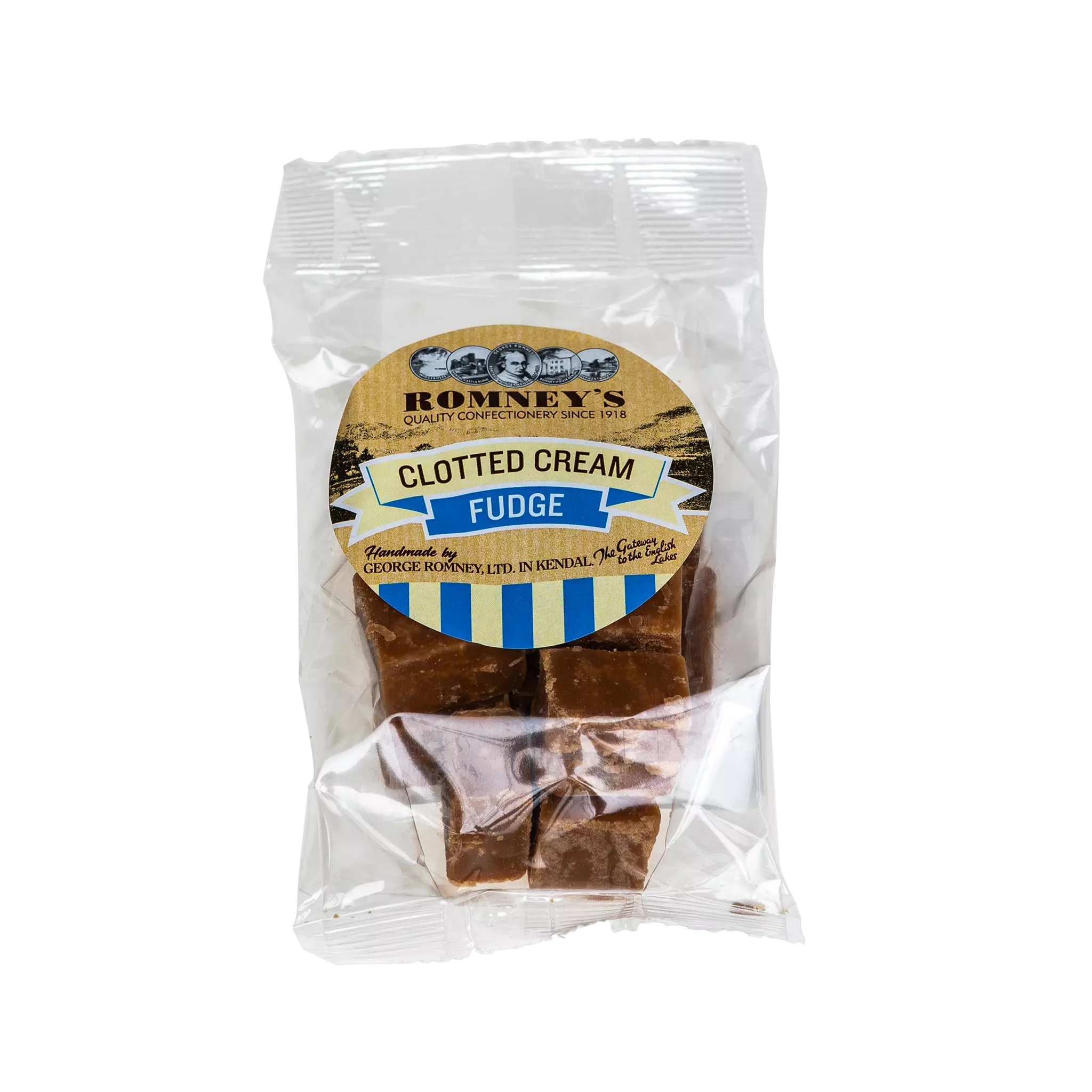 A transparent bag containing pieces of Fudge. The bag has a label on it that shows Romney's logo and says 'Clotted Cream Fudge'.