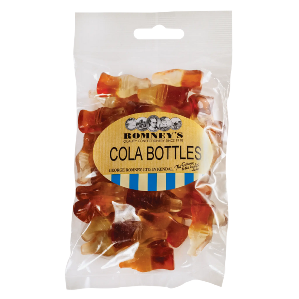 A transparent bag containing Cola Cubes confectionery. A sticker is attached that features the Romney's logo and says 'Cola Bottles''.