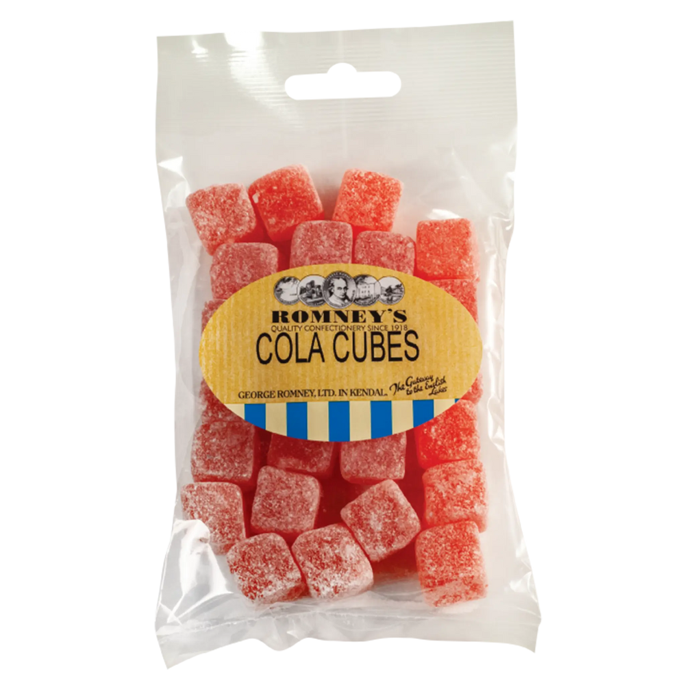 A transparent bag containing Cola Cubes confectionery. A sticker is attached that features the Romney's logo and says 'Cola Cubes'.
