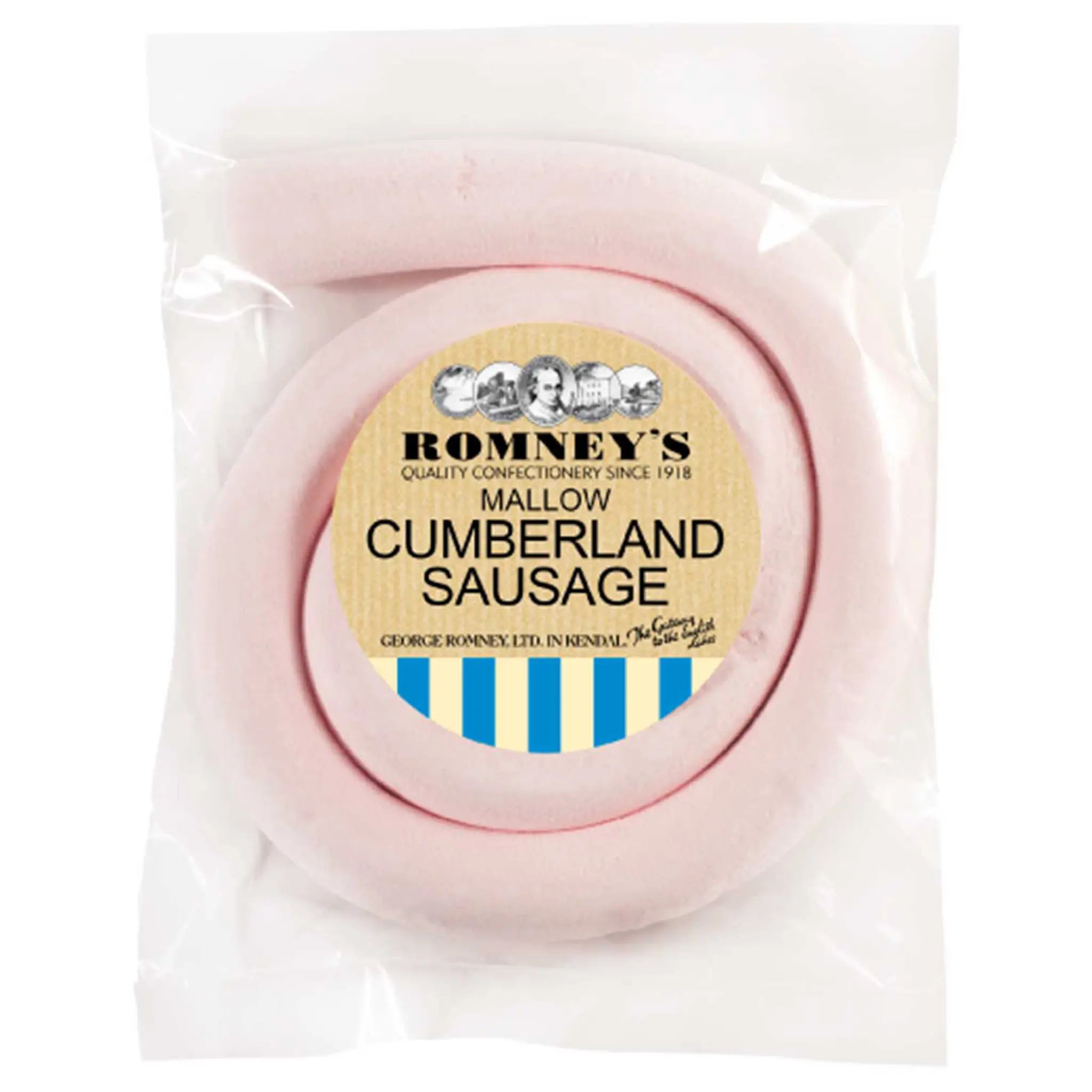 A transparent square wrapper containing a curled up Marshmallow. The bag has a sticker on it that features the Romney's logo and the words 'Mallow Cumberland Sausage'.