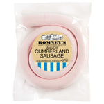 A transparent square wrapper containing a curled up Marshmallow. The bag has a sticker on it that features the Romney's logo and the words 'Mallow Cumberland Sausage'.