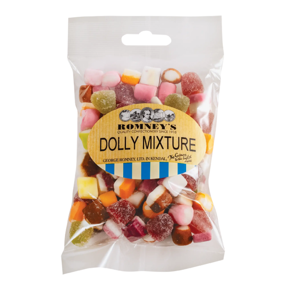 A transparent bag containing Cola Cubes confectionery. A sticker is attached that features the Romney's logo and says 'Dolly Mixture'.
