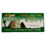 A rectangular cardboard box containing 9 Kendal Mint Cake fingers. The flavours contained are White, Brown & Chocolate Coated Kendal Mint Cake, all of which are individually wrapped in a transparent wrapper and a number of the fingers are visible through mountain shaped window. The box is mainly green with a white mountain backdrop. It also features the Romney's logo and the words 'Kendal Mint Cake Fingers' are written in gold font.