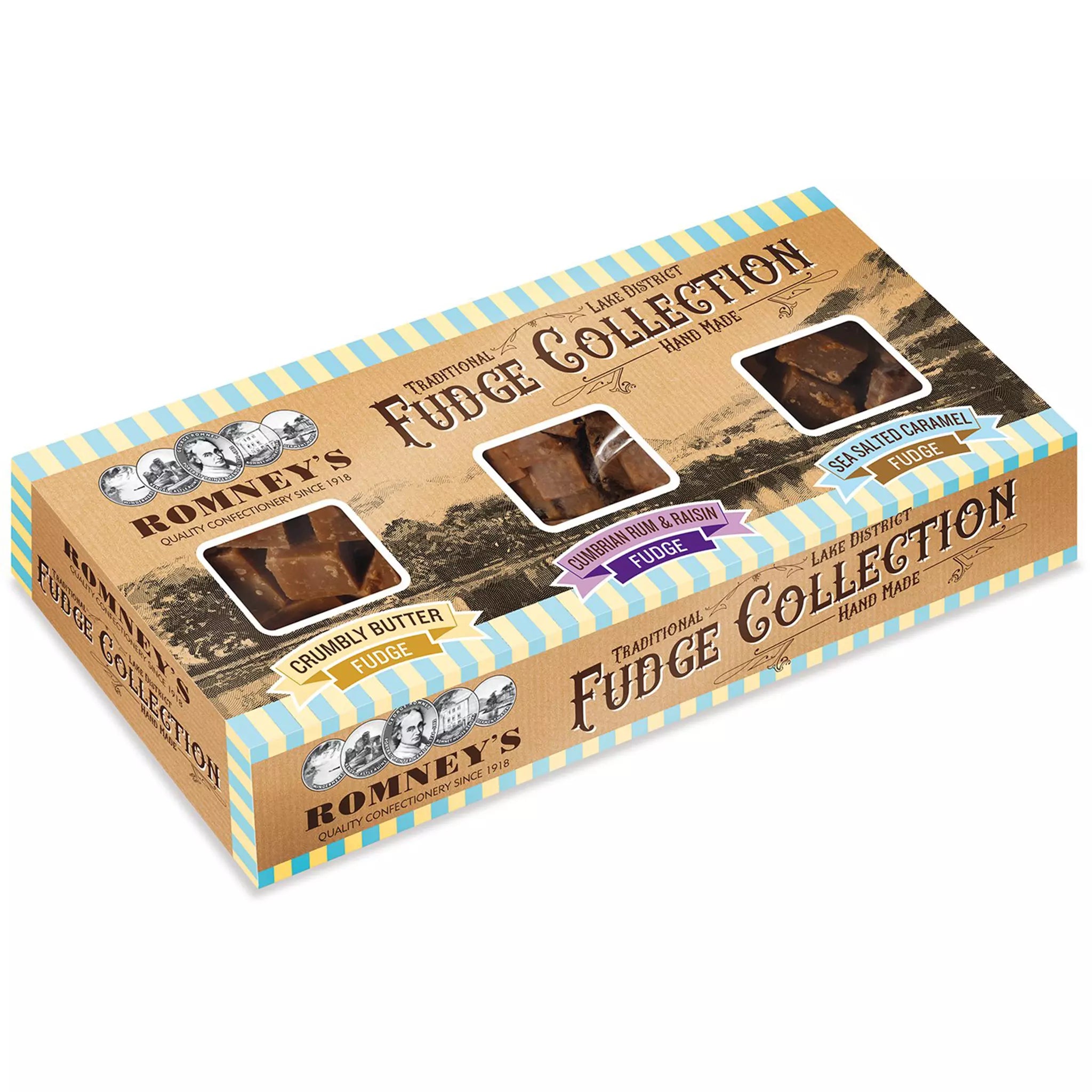 A rectangular cardboard box which has a faded mountain background in a brown colour. It features a yellow and blue striped boarder around the box. The front side features the Romney's logo, the words 'Fudge Collection' and three windows showing fudge in a transparent plastic wrapper. Beneath each of the three windows in a banner that has a flavour on it.