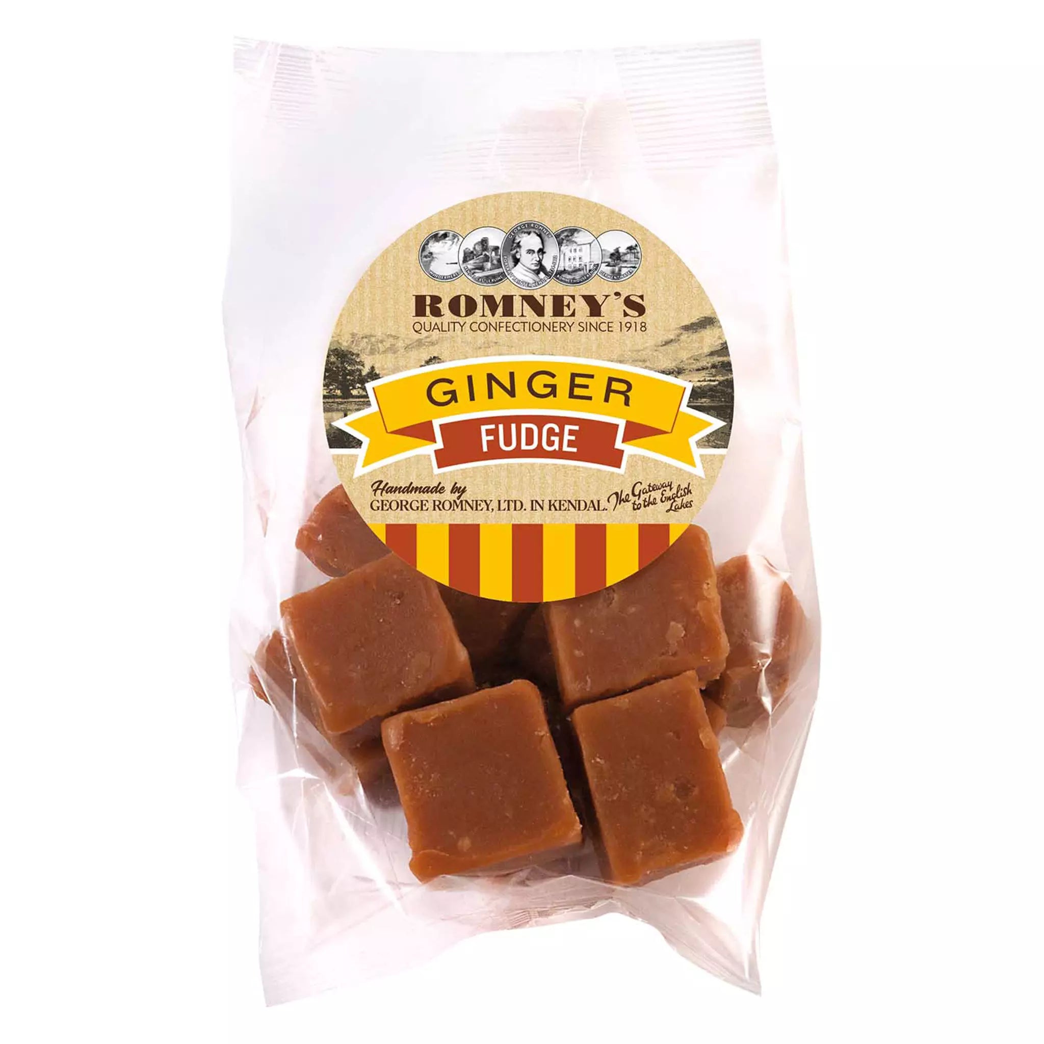 A transparent bag containing pieces of Fudge. The bag has a label on it that shows Romney's logo and says 'Ginger Fudge'.