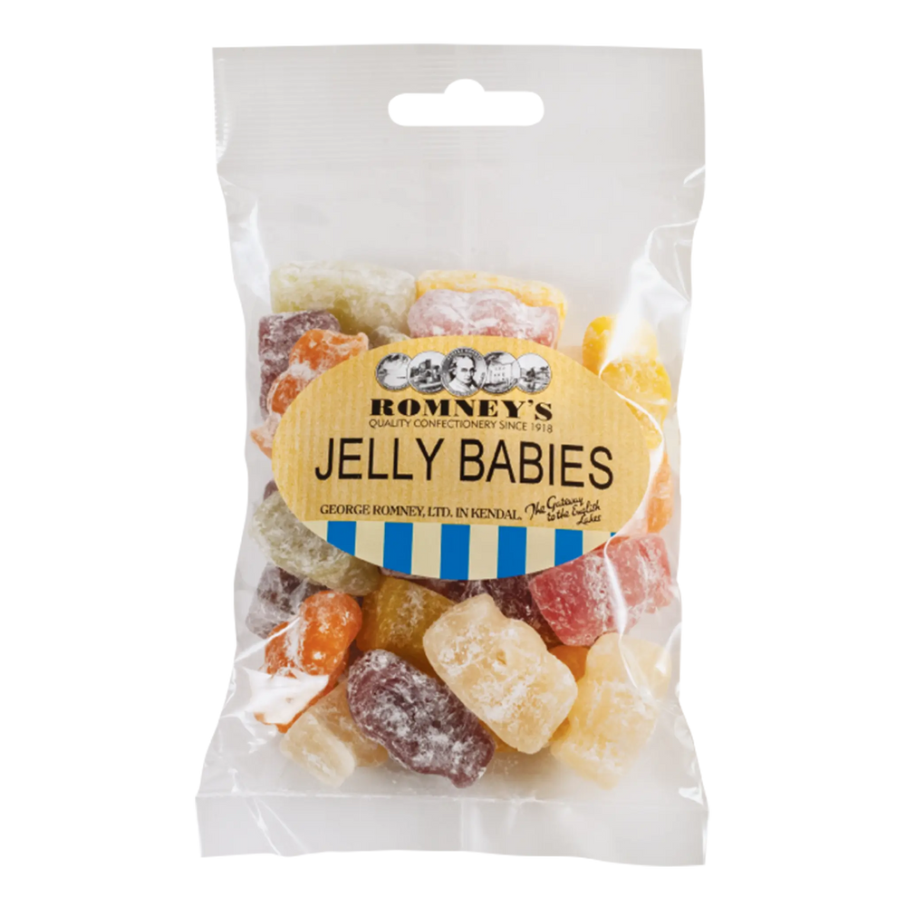 A transparent bag containing Jelly Babies confectionery. A sticker is attached that features the Romney's logo and says 'Jelly Babies'.