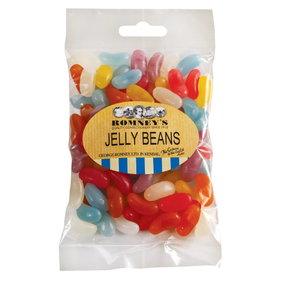 A transparent bag containing Jelly Beans confectionery. A sticker is attached that features the Romney's logo and says 'Jelly Beans'.