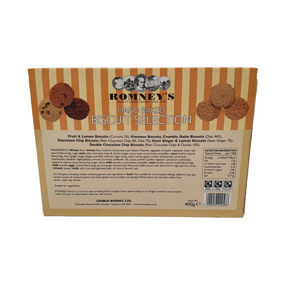 A rectangular cardboard box containing biscuits. The front of the box has vertical yellow and orange lines from the top of the box halfway down. Three biscuits are in the top left and right of the box. The top middle of the box has the Romney's logo. An Ingredients list is in the middle of the box. The under the logo says 'Hand Baked Biscuit Selection' in a white font.