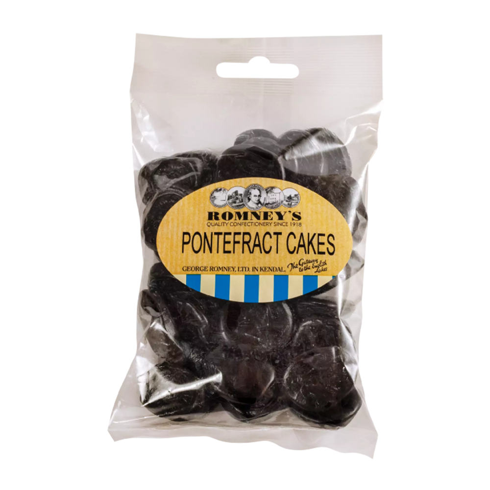 A transparent bag containing Pontefract Cakes confectionery. A sticker is attached that features the Romney's logo and says 'Pontefract Cakes'.
