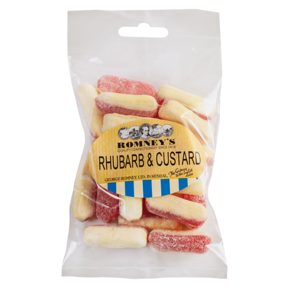 A transparent bag containing Rhubarb & Custard confectionery. A sticker is attached that features the Romney's logo and says 'Rhubarb & Custard'.