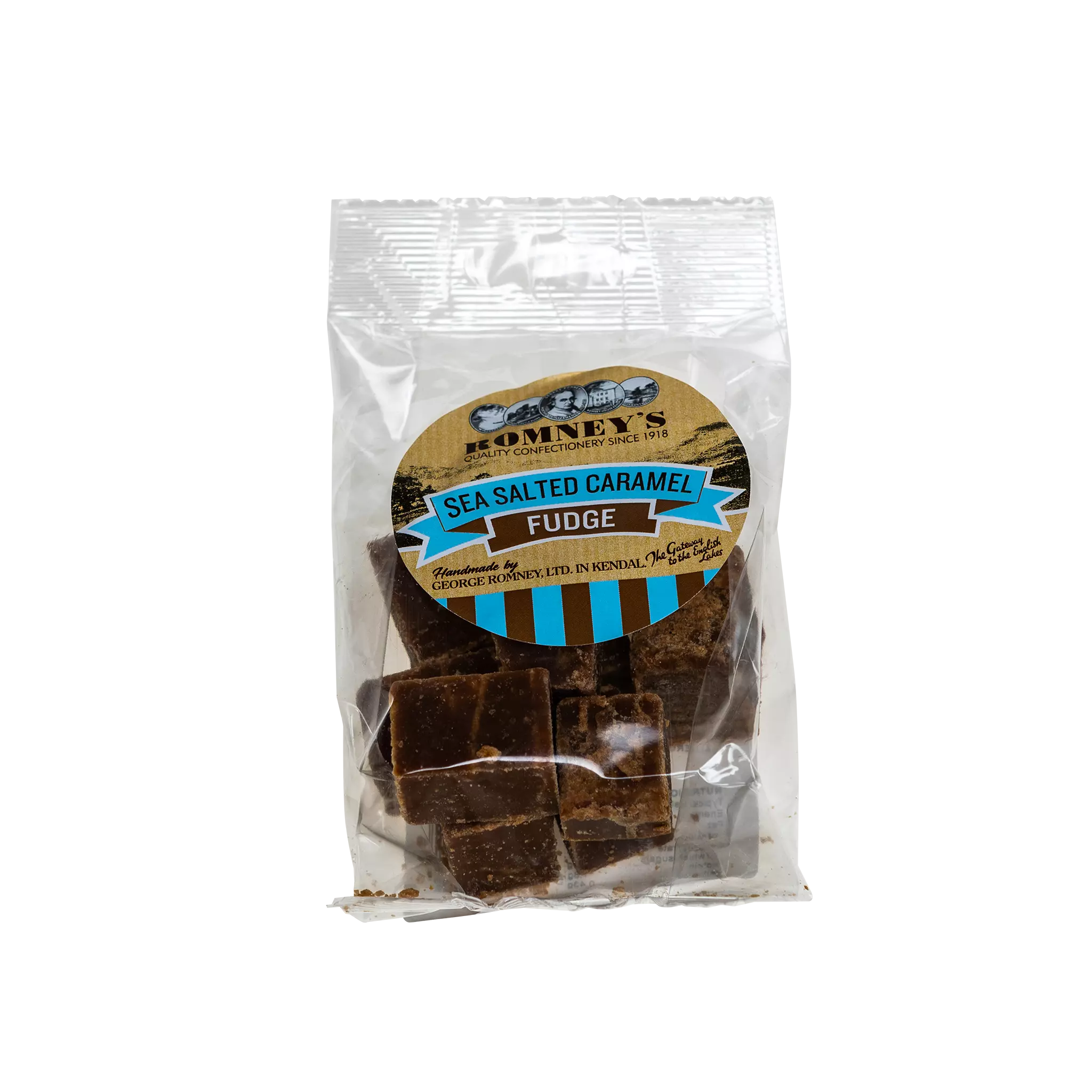 A transparent bag containing pieces of Fudge. The bag has a label on it that shows Romney's logo and says 'Sea Salted Caramel Fudge'.