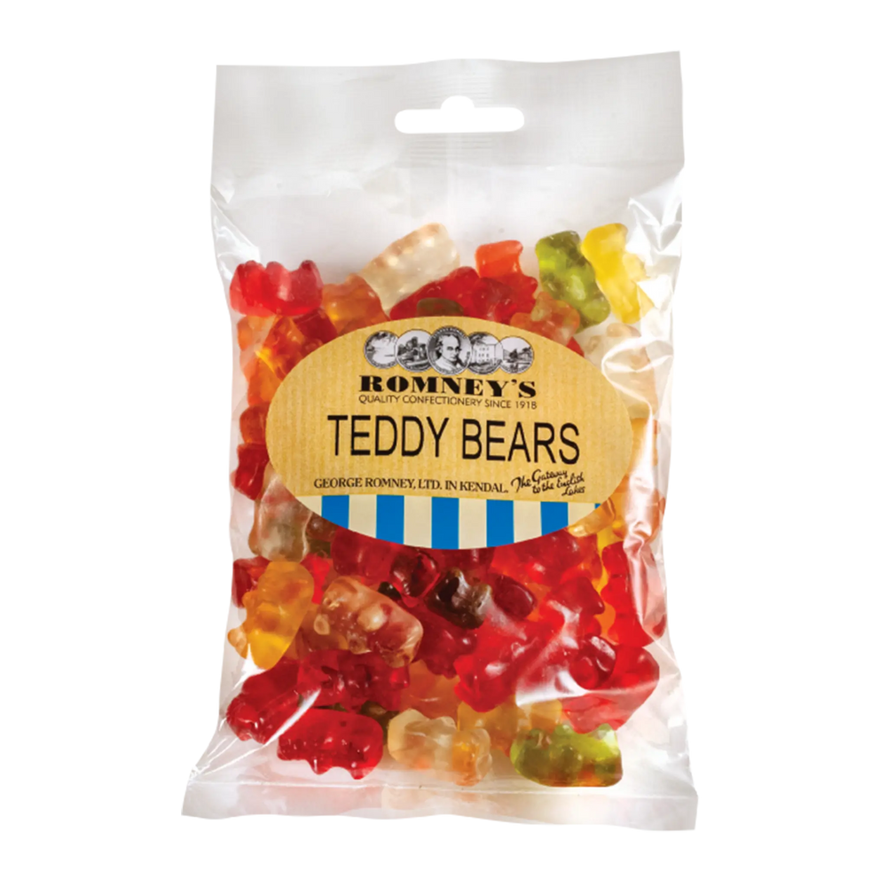 A transparent bag containing Teddy Bears confectionery. A sticker is attached that features the Romney's logo and says 'Teddy Bears'.