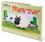 A green rectangular box featuring a cartoon grass landscape and a Ewe. The words 'Thank Ewe' are written in a red font. The box contains 300g of clotted cream fudge.