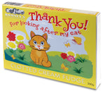 A yellow rectangular box featuring a cartoon grass landscape and a tabby cat. The words 'Thank you! For looking after my cat' are written in a red font. The box contains 300g of clotted cream fudge.