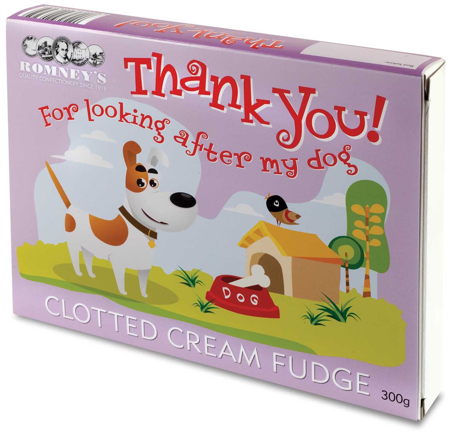 A pink rectangular box featuring a cartoon grass landscape and a dog. The words 'Thank you! For looking after my dog' are written in a red font. The box contains 300g of clotted cream fudge.
