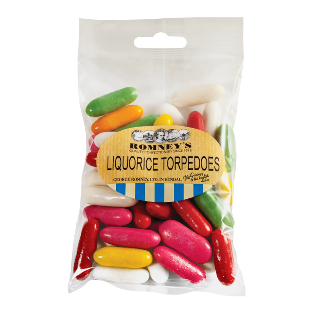 A transparent bag containing Liquorice Torpedoes confectionery. A sticker is attached that features the Romney's logo and says 'Liquorice Torpedoes'.