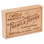 A rectangular box wrapped in old fashioned style paper . The box is branded with the Romney's logo and the words 'Old Fashioned Hand Made Treacle Toffee' in a brown font.