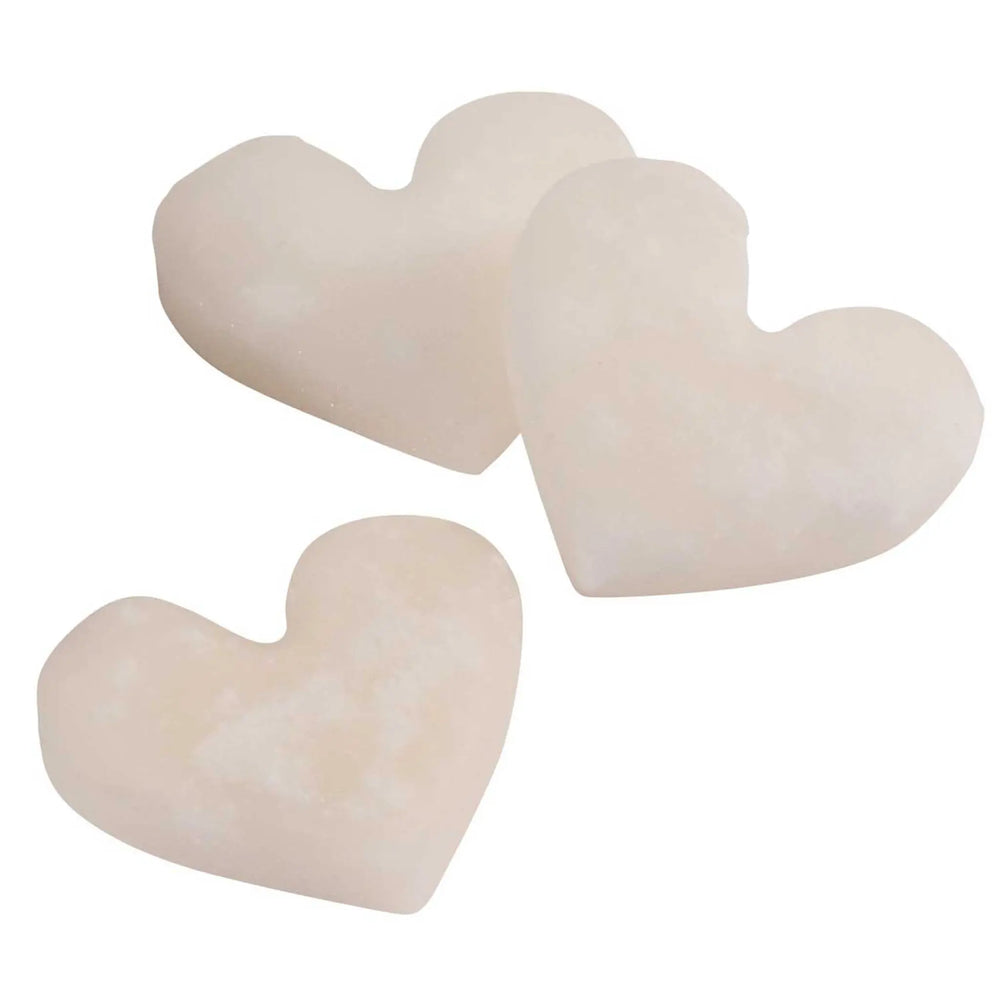 3 white kenday mint cake pieces in the shape of hearts