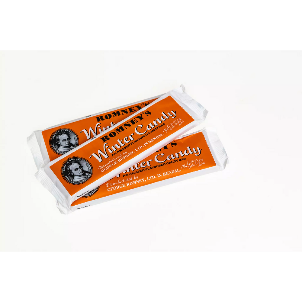 three bars of Winter Candy confectionery that are wrapped in an orange and white wrapper. The wrapper features the Romney's logo and the words 'Winter Candy' in white.