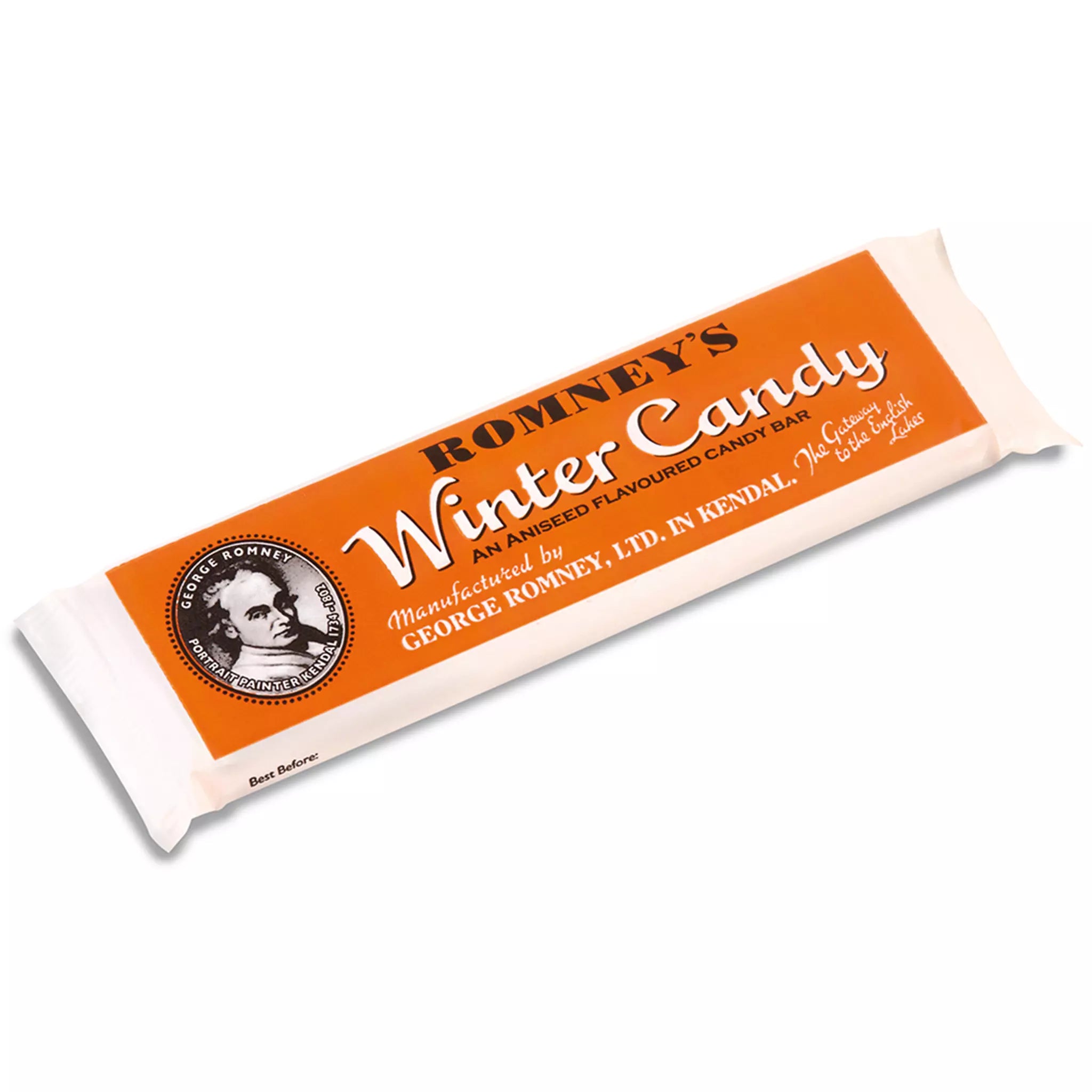A bar of Winter Candy confectionery that is wrapped in an orange and white wrapper. The wrapper features the Romney's logo and the words 'Winter Candy' in white.
